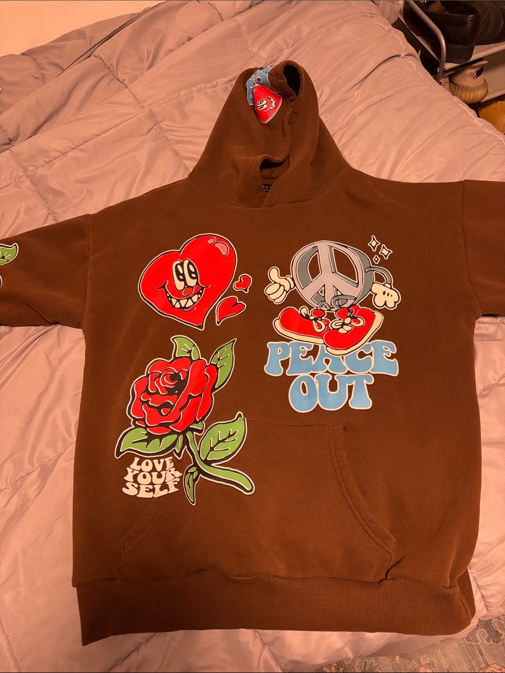 Brown Graphic Hoodie - Peace Out & Love Yourself